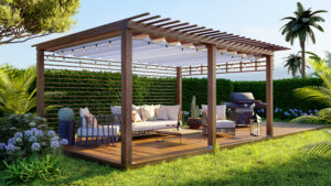 A luxury wooden teak deck with bbq grill and outdoor furniture in a backyard