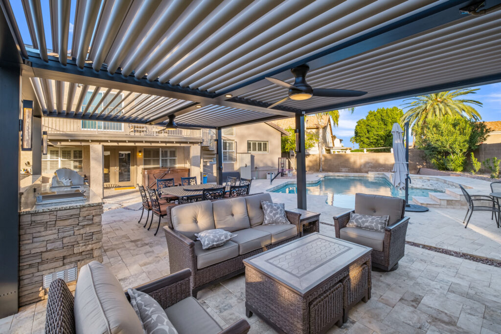 StruXure Pergola X motorized louvered pergola installed on outdoor patio