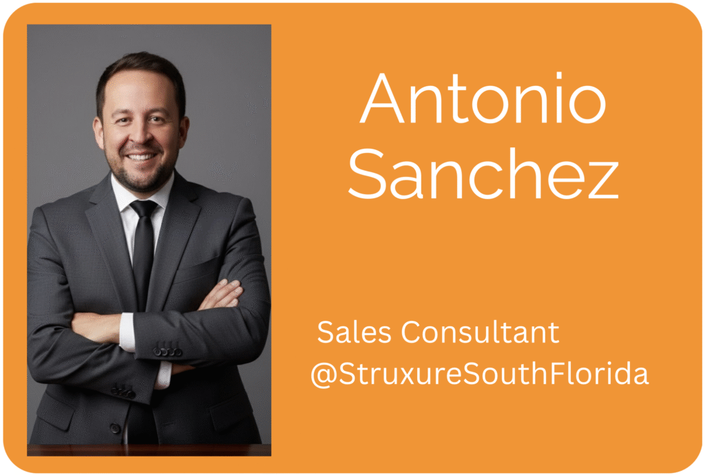 Antonio Sanchez, Sales Consultant at StruXure South Florida, professional headshot on an orange branded profile card