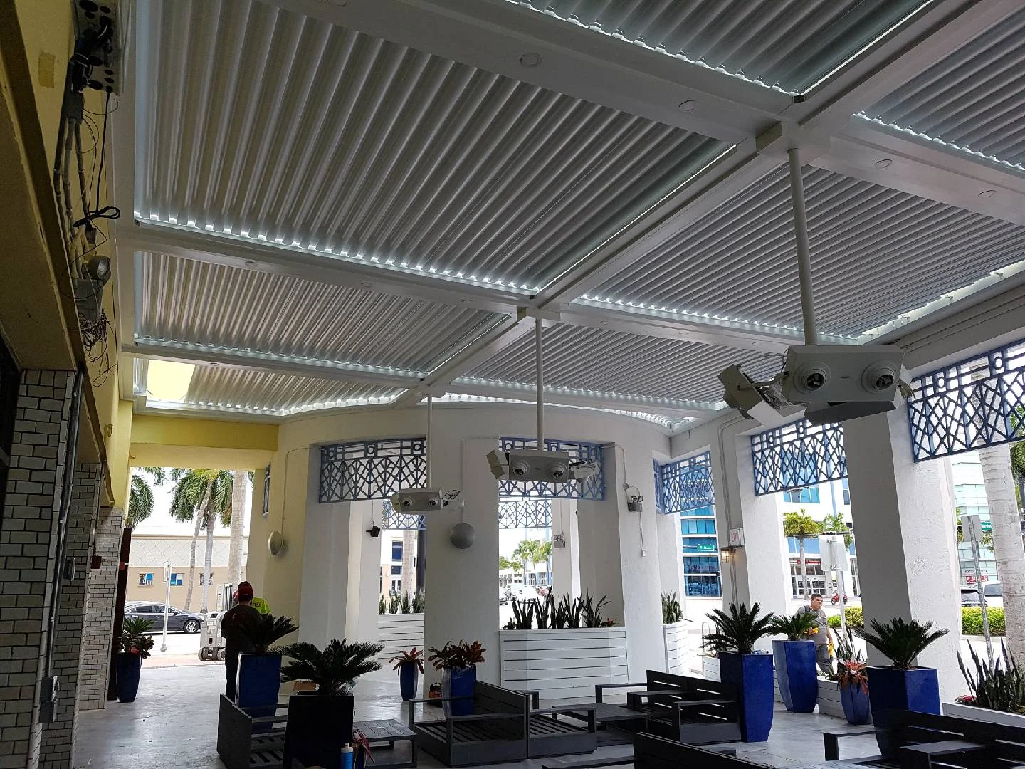 Louvered roof and column connections on a completed South Florida installation