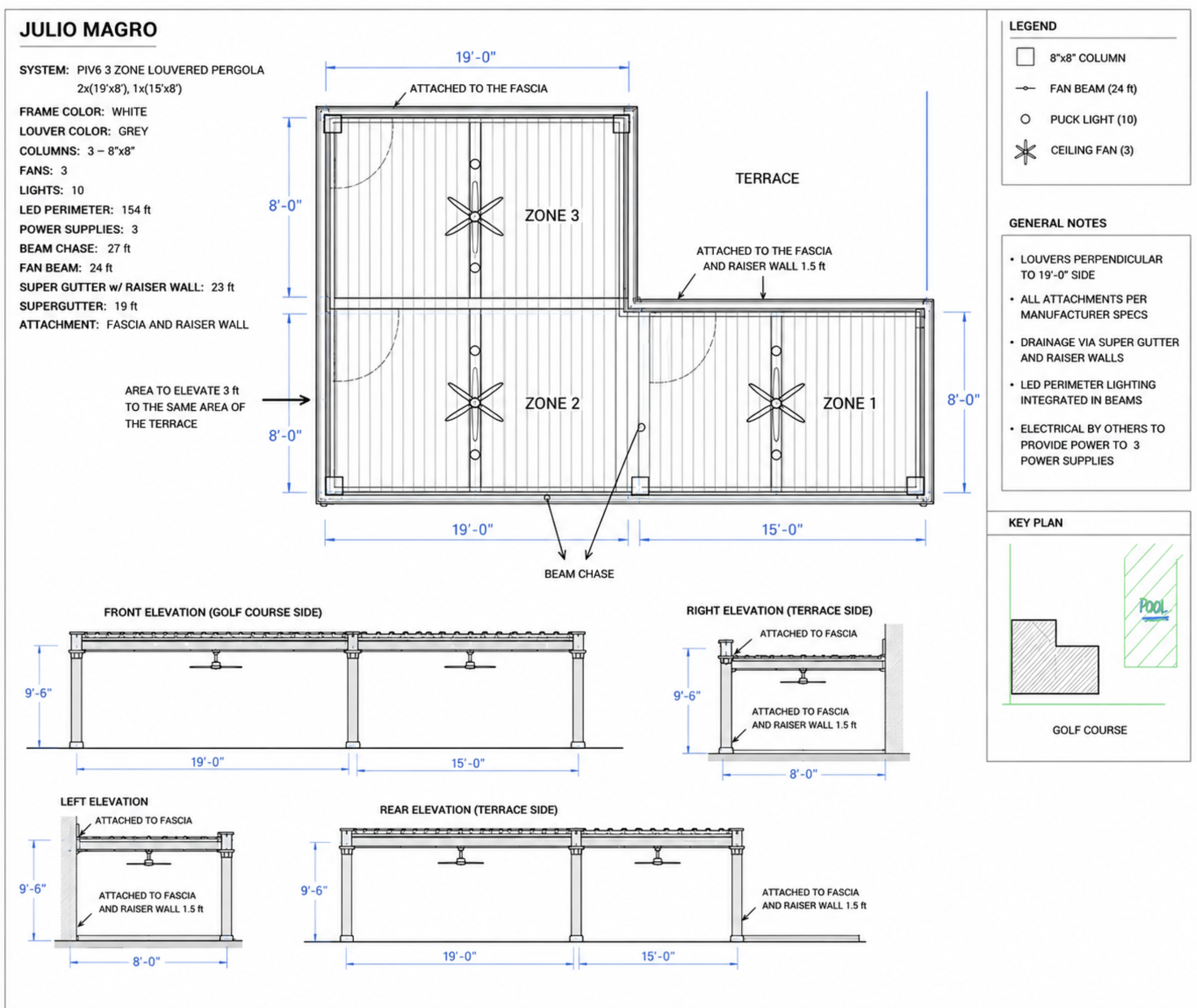 PIV6 3-zone louvered pergola shop drawing