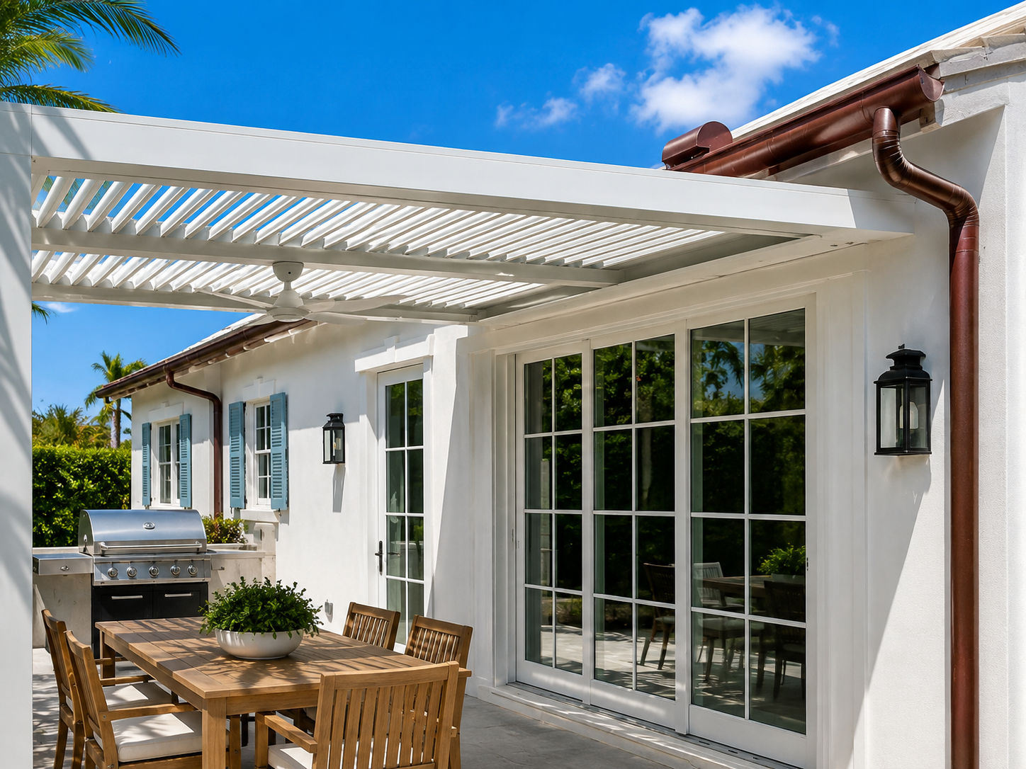 Grill under a pergola beside a white louvered roof and outdoor kitchen counter in South Florida