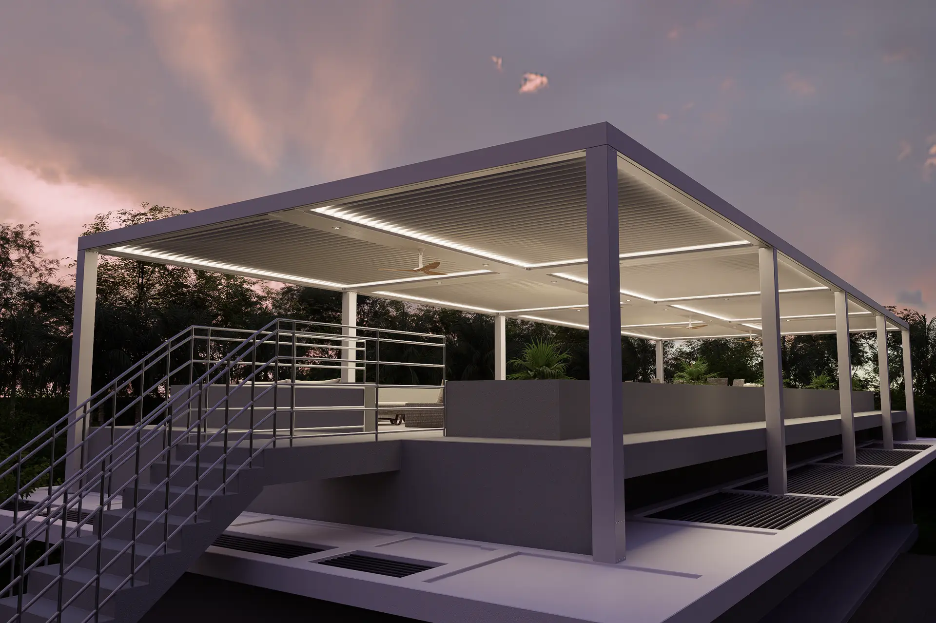 The terrace from outside at dusk